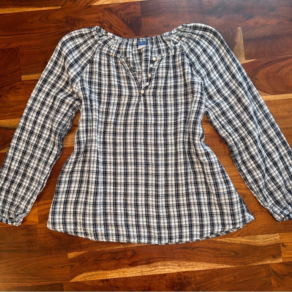 Old Navy Cotton Black and White Plaid Peasant Top